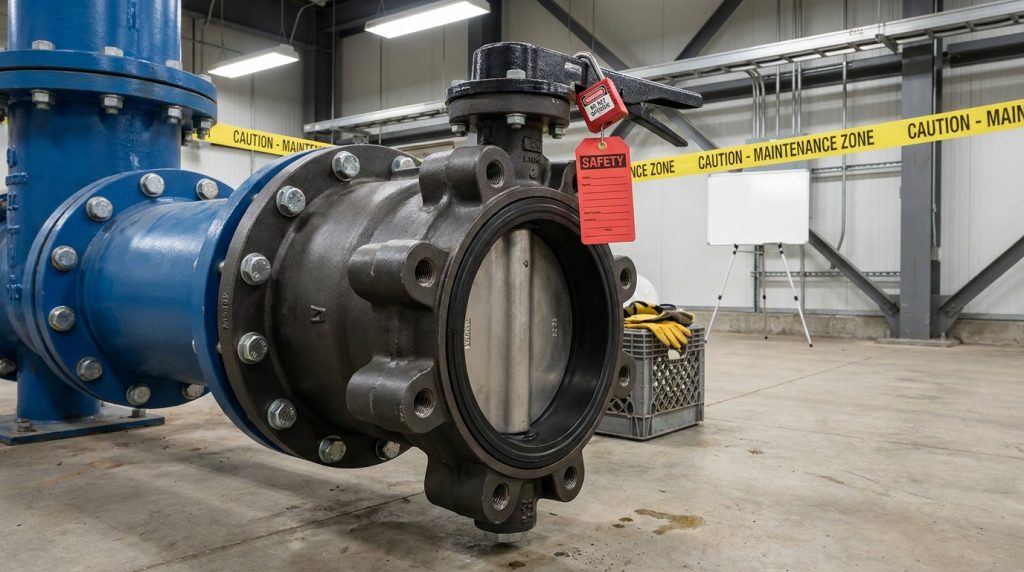 Lug style butterfly valve bolted to an upstream flange while the downstream pipe section is removed for maintenance.