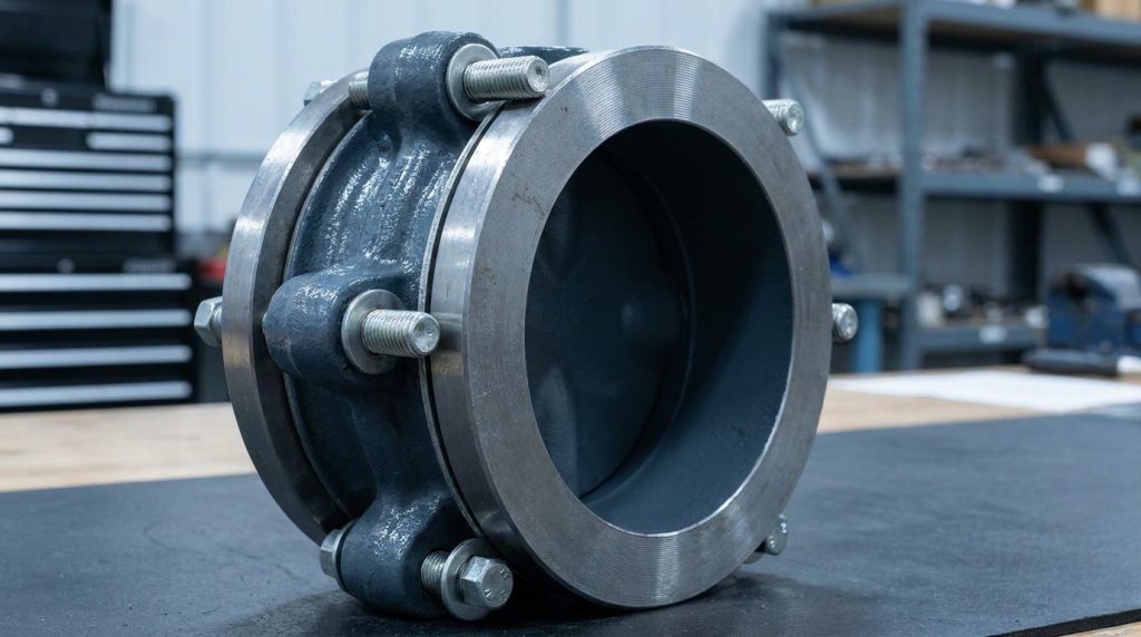 Close-up of a lug-style butterfly valve body with separate flange bolts showing how each side is independently fastened.