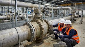 Photorealistic lug type butterfly valve installation in an industrial pipeline system, showing a mounted valve between flanges in a real operating environment with technicians performing inspection and commissioning checks.