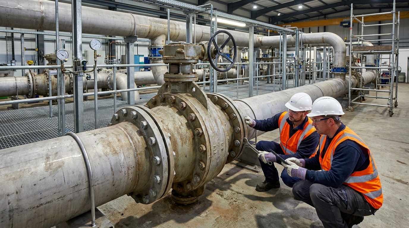 Photorealistic lug type butterfly valve installation in an industrial pipeline system, showing a mounted valve between flanges in a real operating environment with technicians performing inspection and commissioning checks.