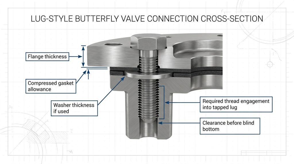 Bolt length estimate for a lug valve showing flange thickness, gasket, washer, thread engagement, and bottom-out clearance.
