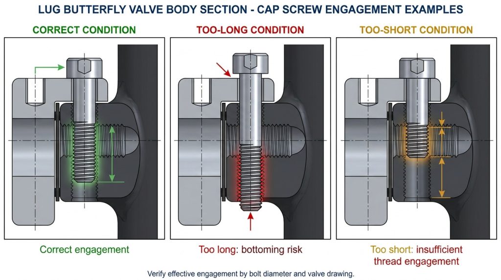 Cutaway view of lug valve bolt engagement showing correct length, bottoming risk, and too-short thread engagement.
