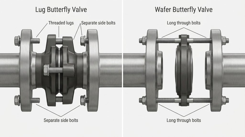 Lug butterfly valve and wafer butterfly valve bolting paths compared with side bolts threading into lugs versus long through bolts.