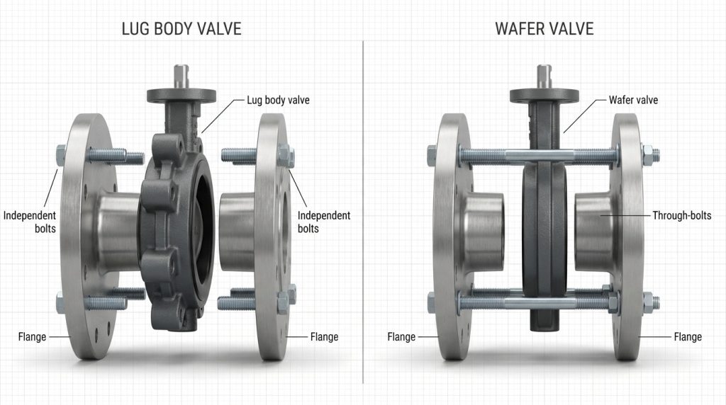 Side-by-side simplified diagram comparing lug body bolting with wafer valve through-bolting.