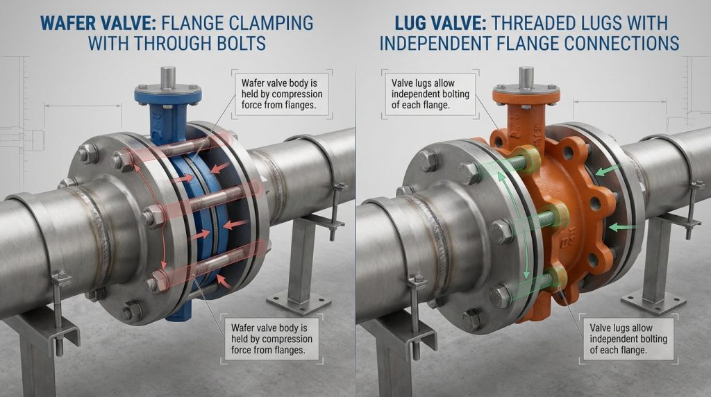 Close-up engineering view of lug and wafer butterfly valve mounting methods showing threaded lug connections, flange alignment, and through-bolt clamping arrangements in an industrial piping setup.