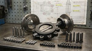 Lugged butterfly valve bolt chart shown beside an ASME-pattern lugged butterfly valve, pipe flanges, and cap screws on an industrial workbench.
