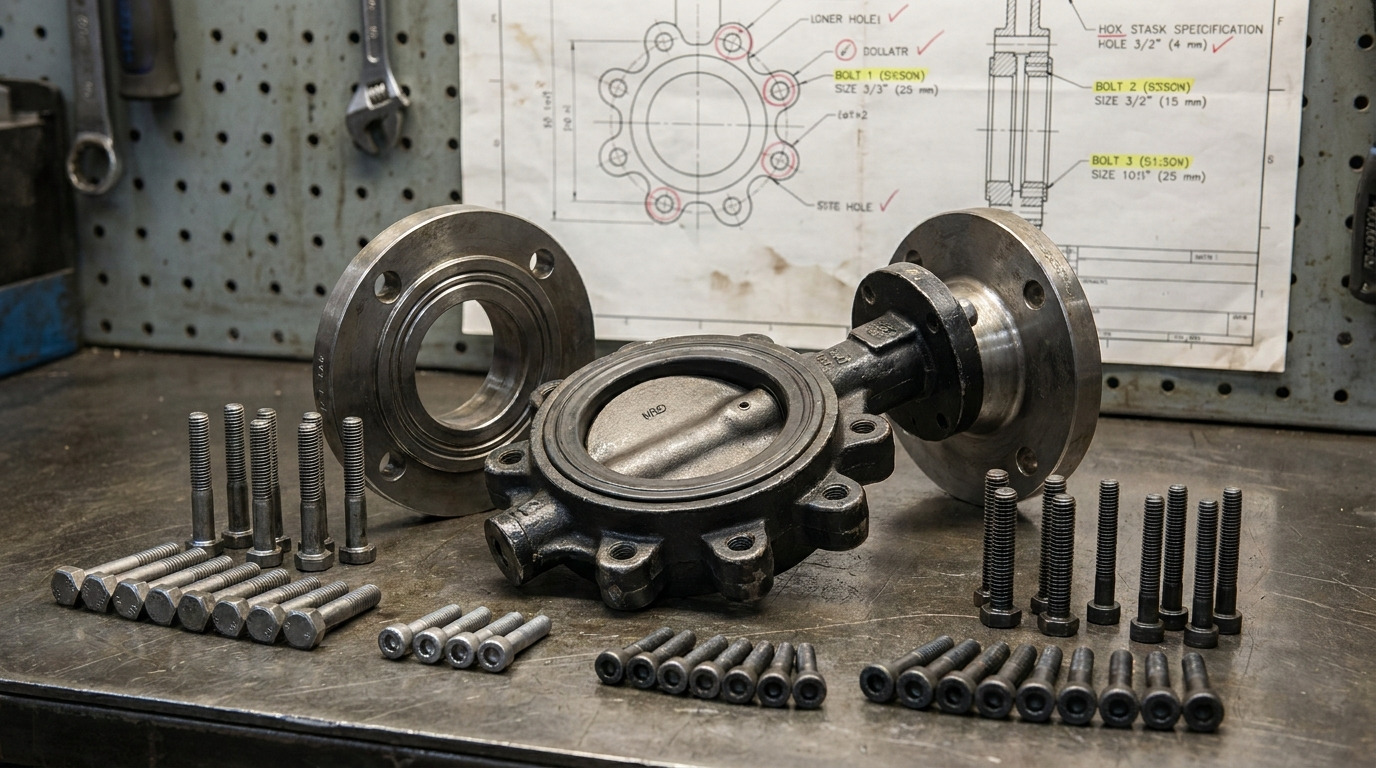 Lugged butterfly valve bolt chart shown beside an ASME-pattern lugged butterfly valve, pipe flanges, and cap screws on an industrial workbench.