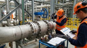 Lugged butterfly valve bolt chart showing industrial valve installation with precision bolts, torque tools, and a pipeline maintenance environment