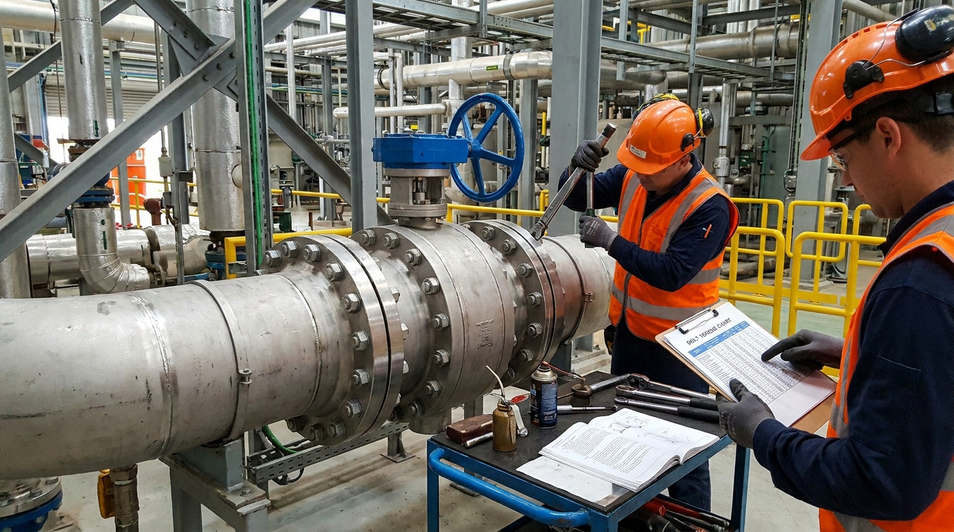 Lugged butterfly valve bolt chart showing industrial valve installation with precision bolts, torque tools, and a pipeline maintenance environment