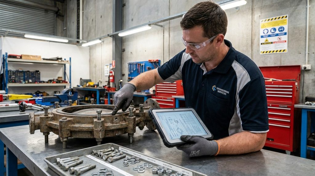 Technician reading a lugged butterfly valve bolt chart while matching valve size, bolt dimensions, and installation requirements in an industrial workshop