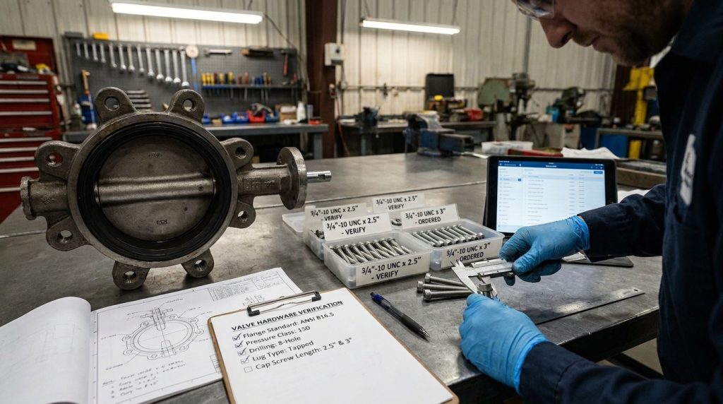 Technician checking a lugged butterfly valve drawing, flange specification, and cap screws before ordering replacement hardware.