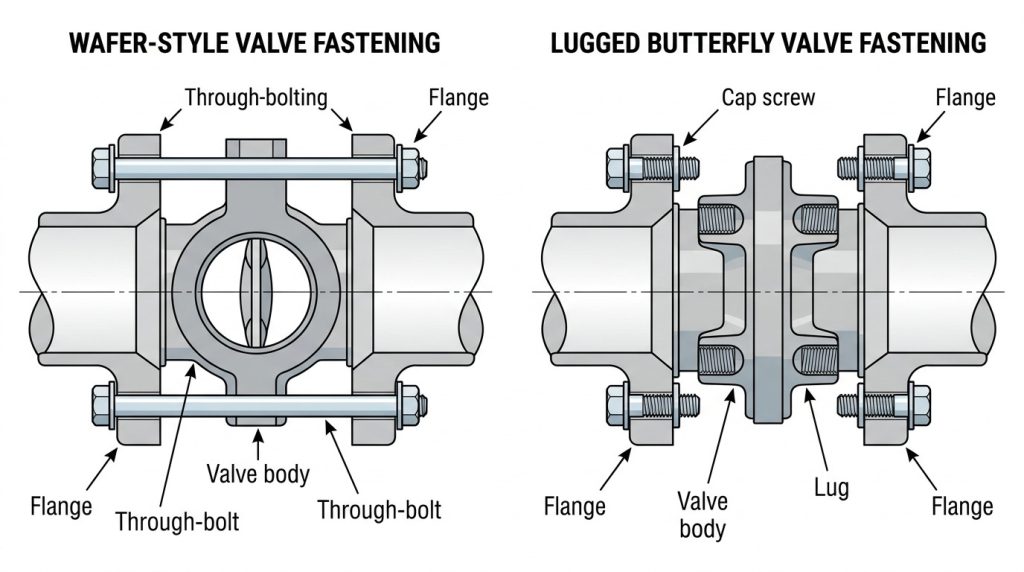 Diagram comparing through-bolts on a wafer-style valve with cap screws threaded into the lugs of a lugged butterfly valve.