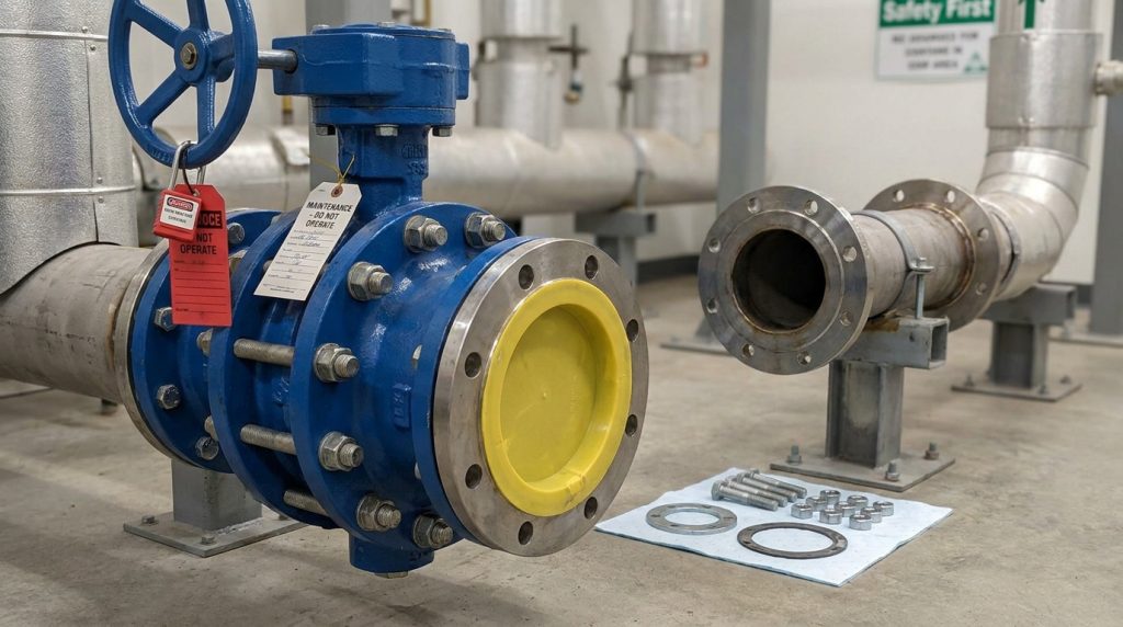 Lugged butterfly valve installed at a pipe section boundary during safe downstream maintenance with lockout tags and the removed spool section nearby.