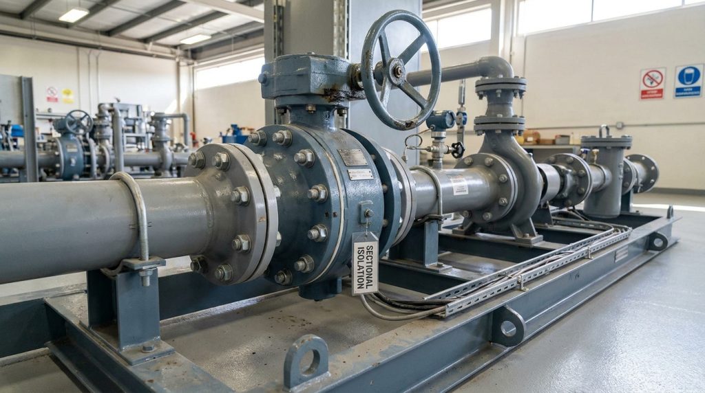 Lugged butterfly valve on a modular industrial skid marking a clear maintenance boundary between two pipe sections.