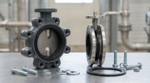 A lugged vs wafer butterfly valve comparison on an industrial workbench, showing a lugged valve with threaded side lugs beside a compact wafer valve between pipe flanges.