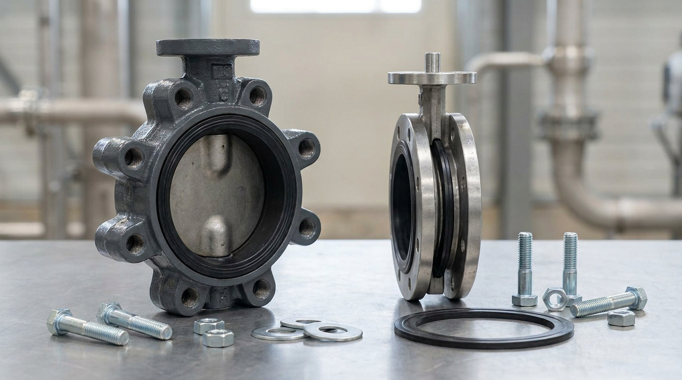 A lugged vs wafer butterfly valve comparison on an industrial workbench, showing a lugged valve with threaded side lugs beside a compact wafer valve between pipe flanges.