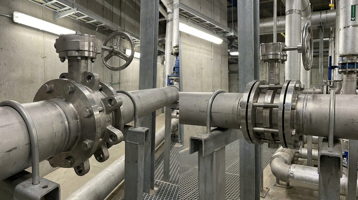 Photorealistic industrial pipeline scene showing a lugged vs wafer butterfly valve comparison with two butterfly valves installed in a metal piping system inside a modern processing facility.
