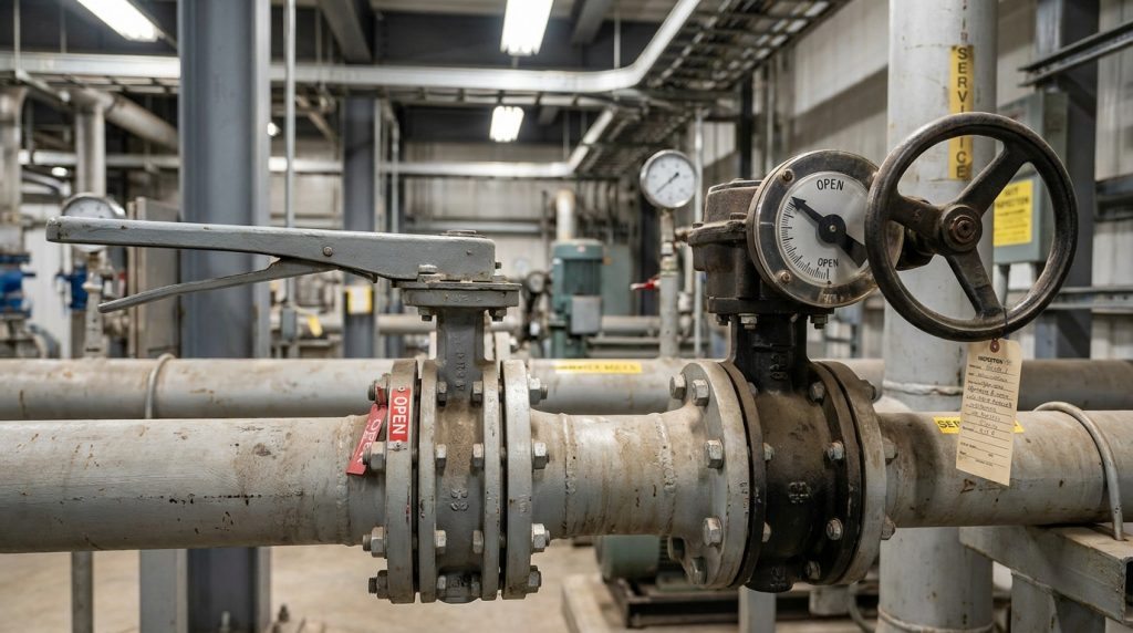 Manual butterfly valve with lever handle parallel to the pipe and gear operated valve with pointer scale in an industrial plant.
