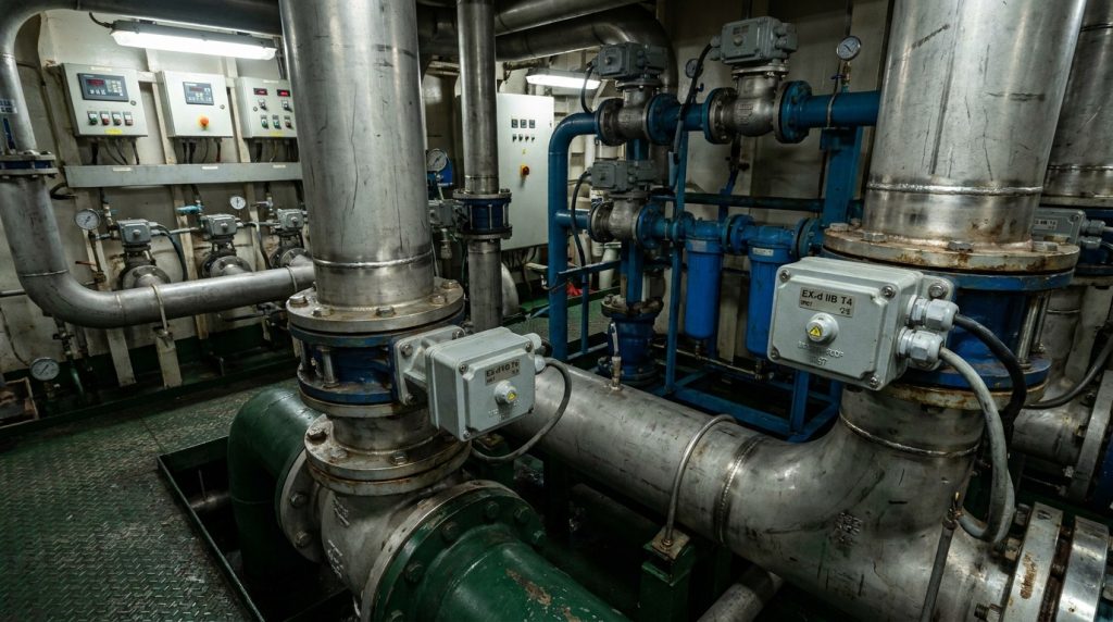 Explosion-proof marine electric butterfly valve installed in ship fuel transfer piping, ballast water systems, and cargo handling areas.