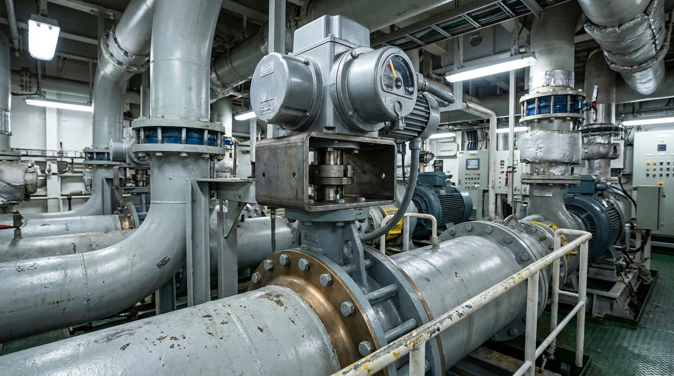 Marine electric butterfly valve installed on a commercial vessel’s seawater piping system, showing a rugged electric actuator in a real offshore ship engine environment with automated marine flow control equipment.