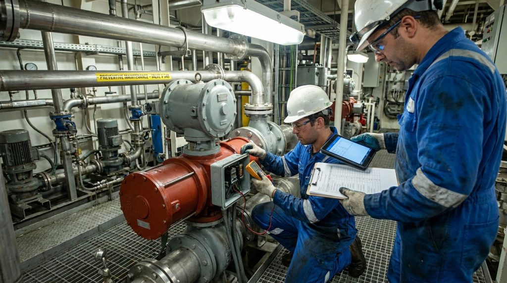 Marine engineer performing scheduled inspection and stroke testing on an automated explosion-proof butterfly valve system.