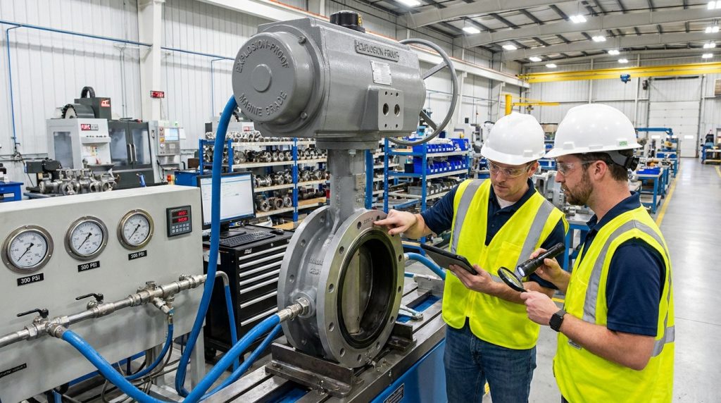 Marine valve manufacturer conducting hydrostatic testing and quality inspection of an explosion-proof electric butterfly valve.