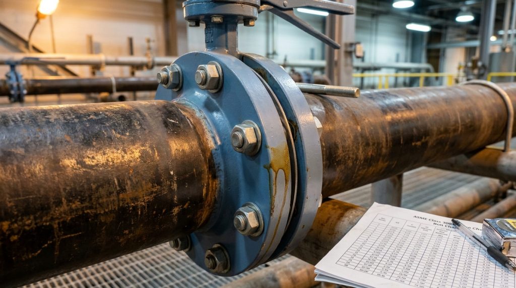 Misaligned butterfly valve installation showing wrong bolt length and mismatched flange drilling causing gasket leak
