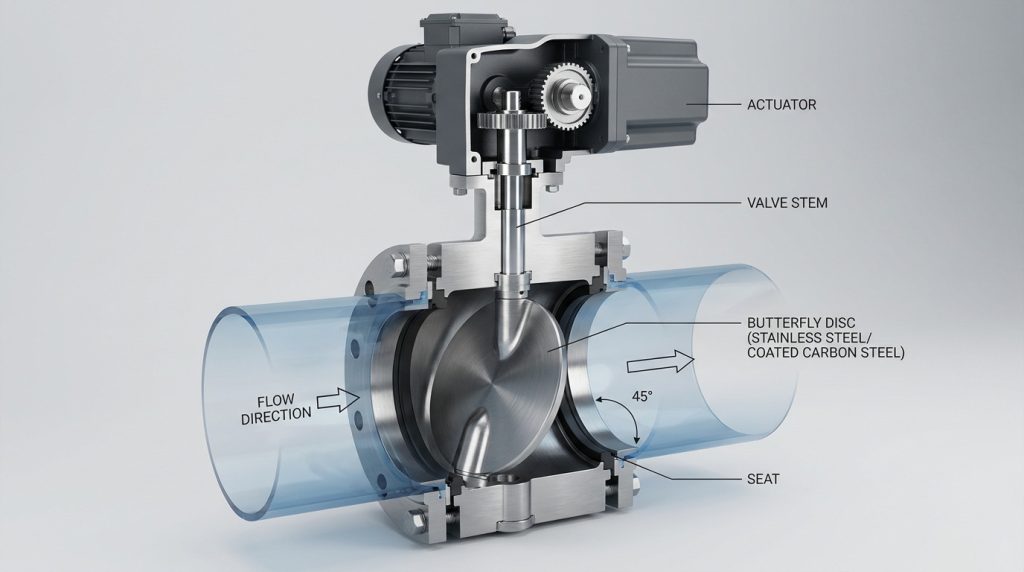 Close-up technical view of a butterfly valve actuator and rotating disc mechanism inside a pipeline system, illustrating how controlled disc movement adjusts fluid flow.