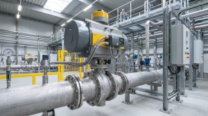 Industrial pipeline system featuring a modulating butterfly valve installed in a process control environment, showing a realistic automated valve assembly regulating fluid flow in a modern facility.