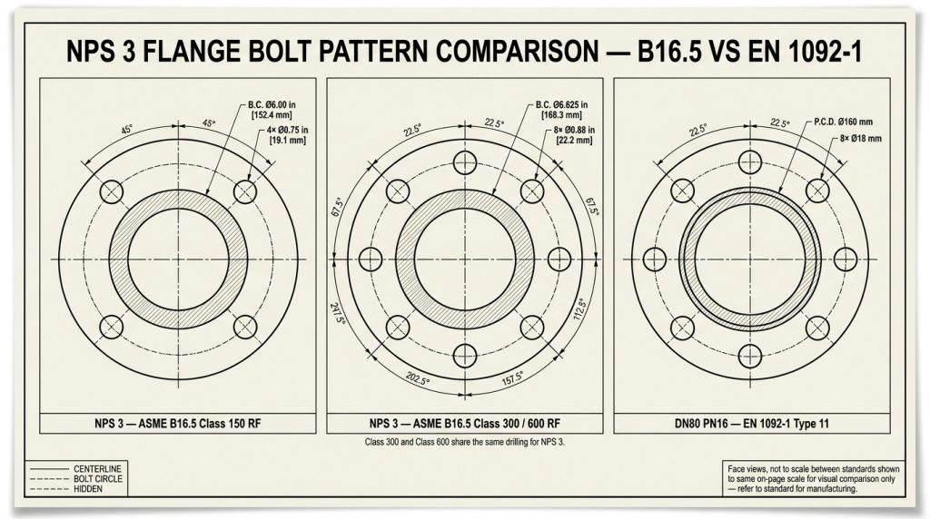 NPS 3 ASME B16.5 flange bolt patterns compared for Class 150, Class 300, and DN80 PN16