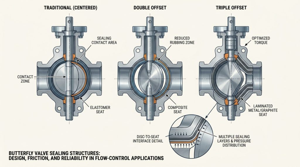 Comparison of butterfly valve seal structures showing offset designs, sealing contact areas, and material layers used for reliable industrial flow control