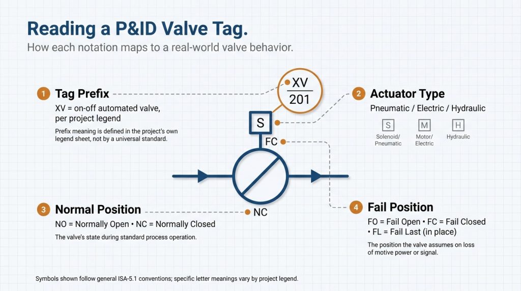 Diagram showing how a P&ID valve tag connects to actuator type, normal position, and fail position notation