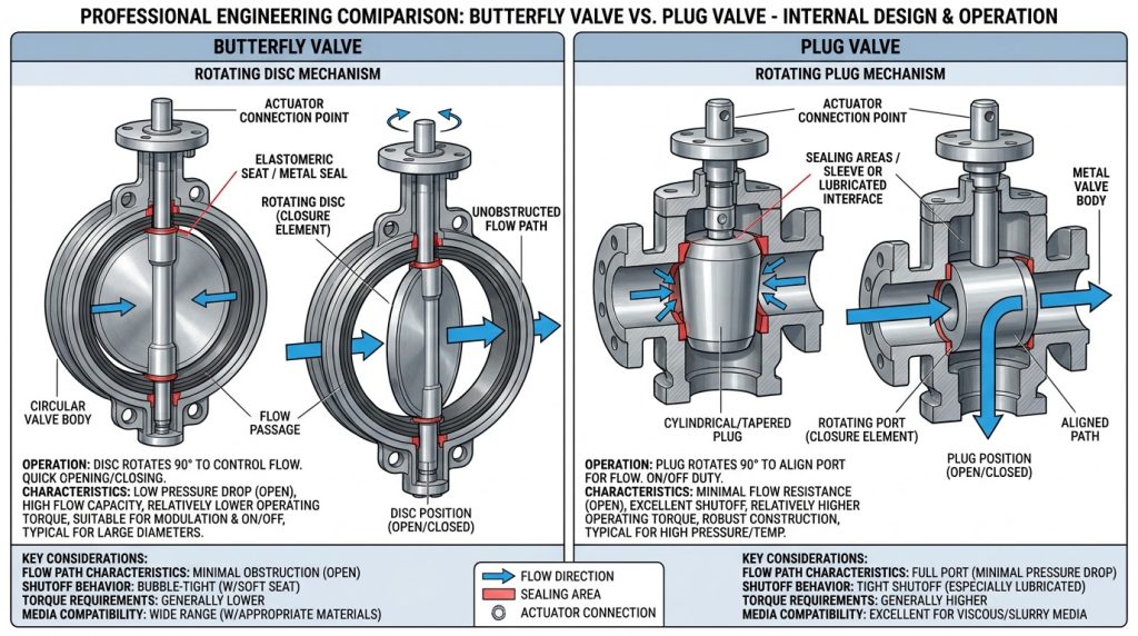 Side-by-side comparison of butterfly valve and plug valve internal flow paths showing differences in closure geometry, flow routing, and typical selection considerations
