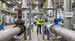 Plug valve vs butterfly valve selection comparison showing industrial valves installed in a real process piping environment with an engineer reviewing valve options for shutoff applications