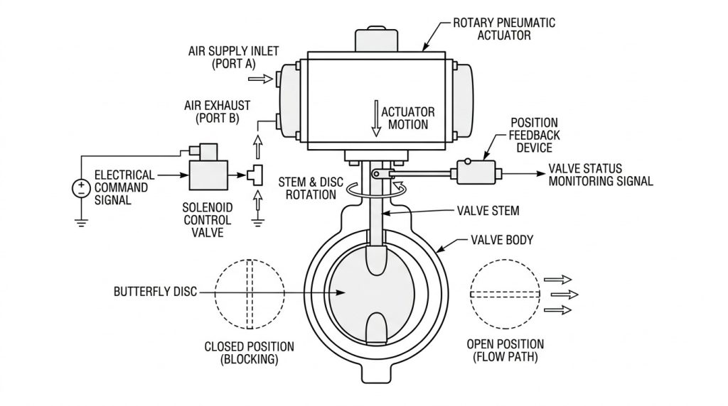 pneumatic actuator mounted on an air butterfly valve with compressed air supply ports, stem connection, solenoid valve, and position feedback components shown in a technical layout