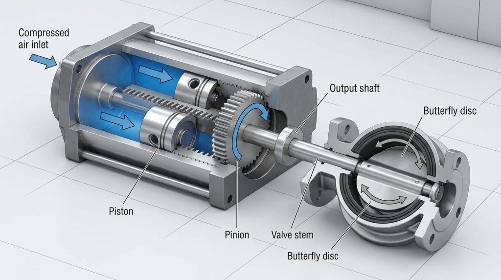 Simplified diagram showing compressed air moving actuator pistons, rotating the pinion and stem, and turning the butterfly valve disc through a quarter turn
