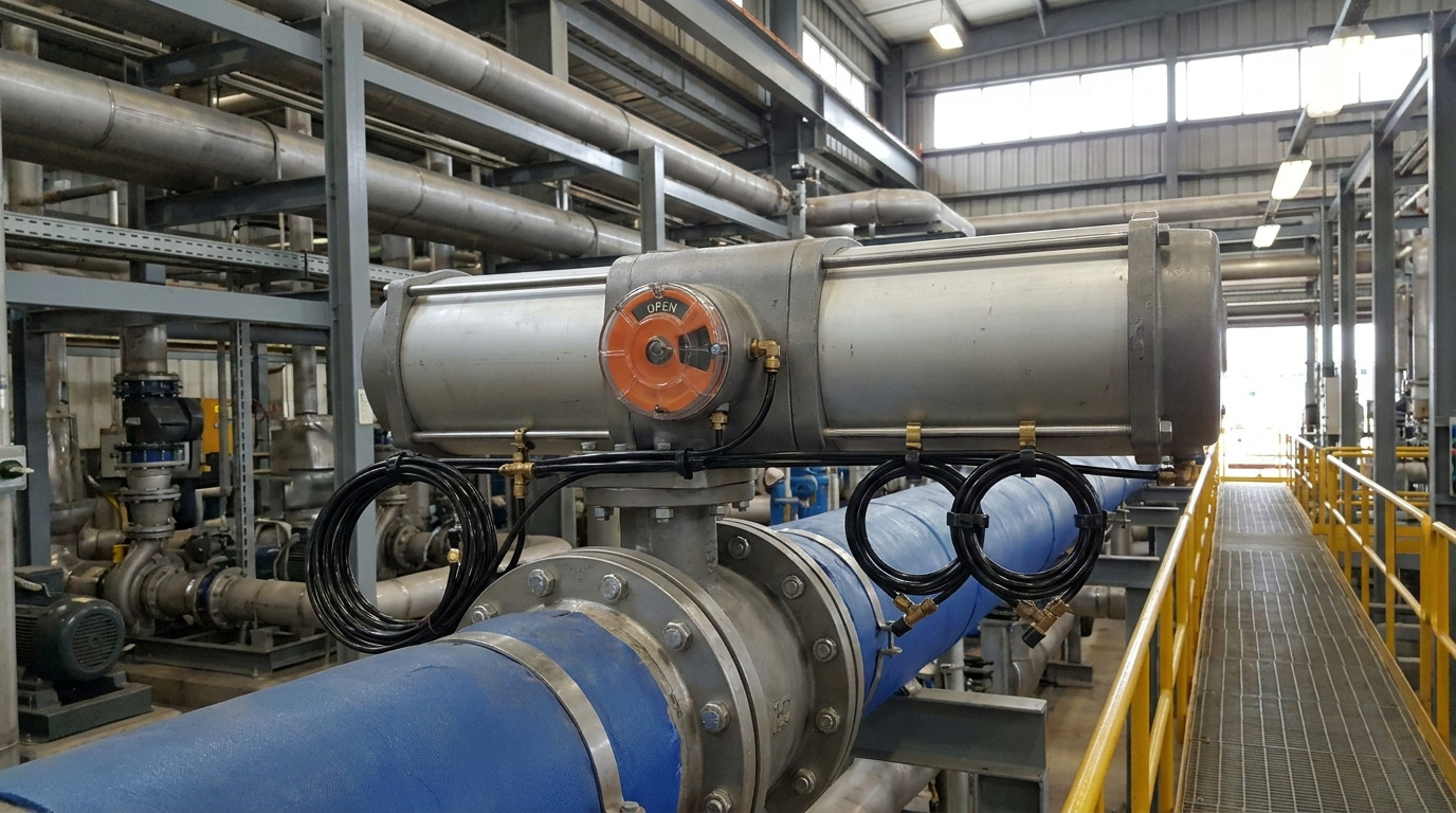 A pneumatic actuator butterfly valve installed on a large industrial process pipeline with connected compressed-air tubing and position indicator