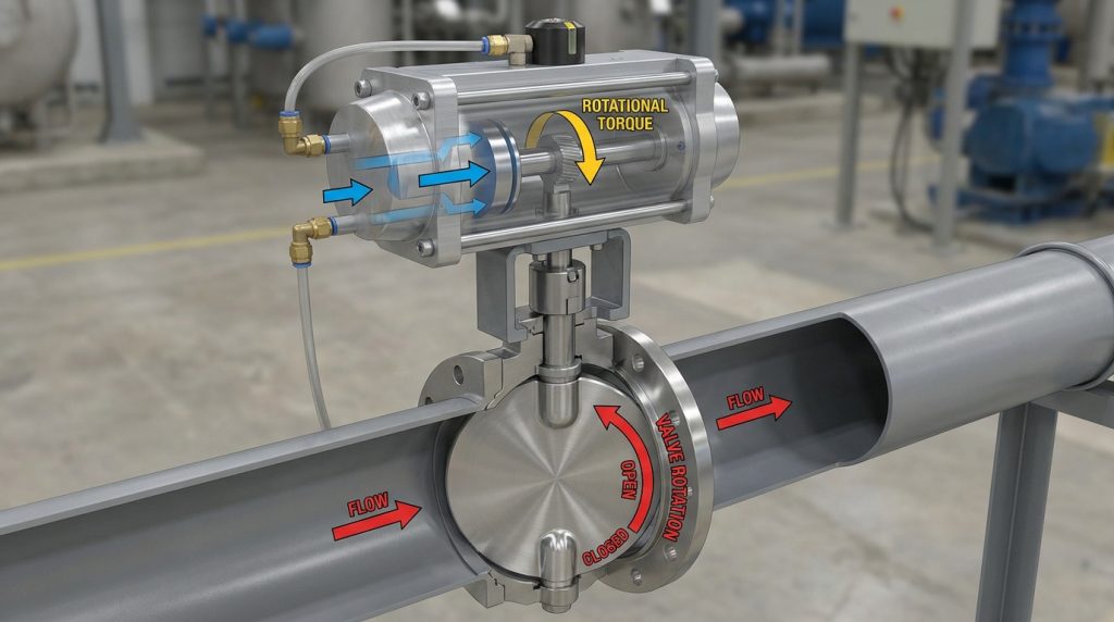 Pneumatic actuator and butterfly valve assembly showing compressed air driven rotation for automated flow control in an industrial pipeline