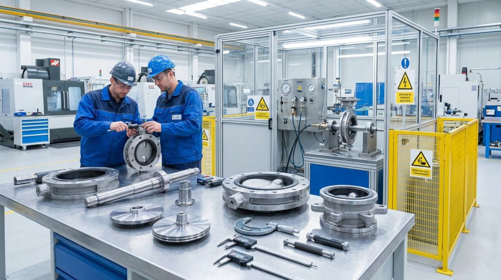 Photorealistic manufacturing inspection scene showing engineers testing precision butterfly valves in an industrial quality control facility.