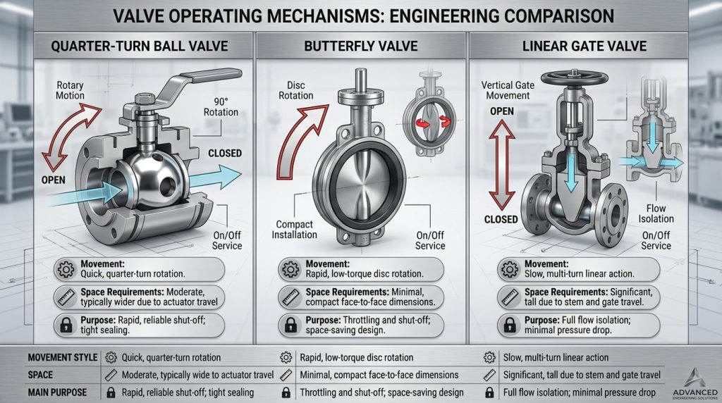 Comparison diagram showing the operating mechanisms of quarter-turn valve designs and linear gate valve movement, highlighting differences between rotary and vertical motion systems.