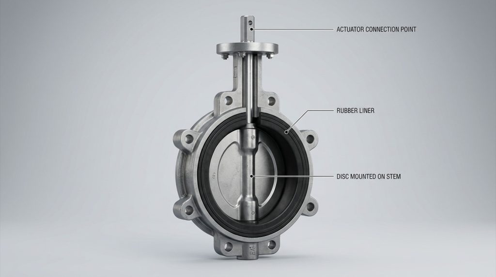 Engineering view of a rubber lined butterfly valve showing the external valve body, disc position, stem connection, and rubber seat location in a realistic assembly layout