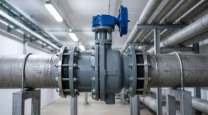 Rubber lined butterfly valve with correctly connected flanged piping in an industrial water treatment and chemical processing pipeline system for corrosion-resistant flow control