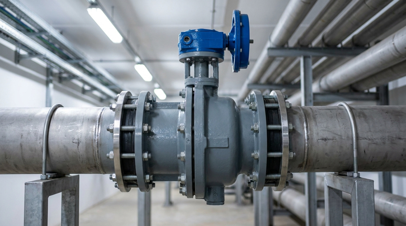 Rubber lined butterfly valve with correctly connected flanged piping in an industrial water treatment and chemical processing pipeline system for corrosion-resistant flow control