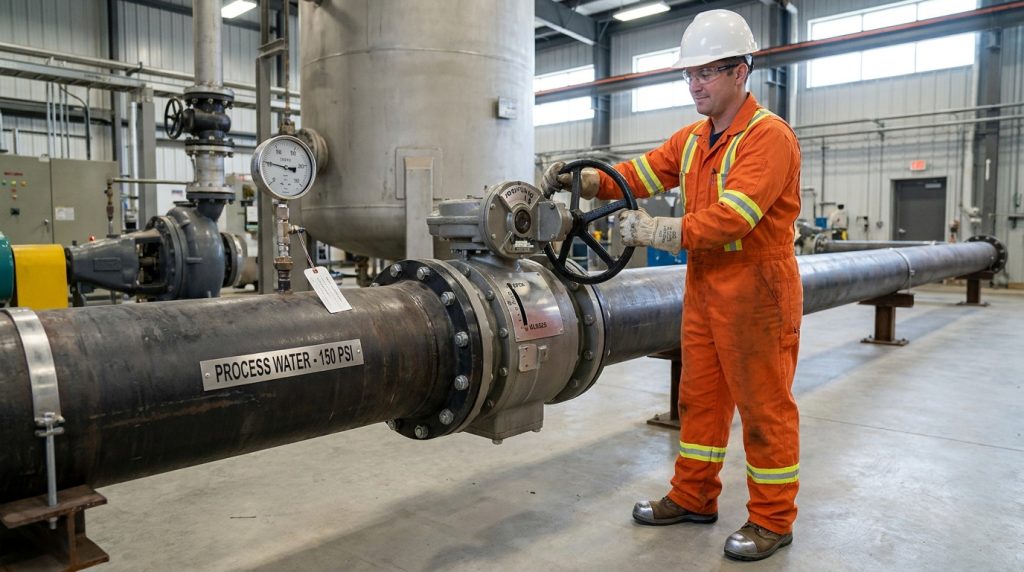 Operator slowly turning a gear-operated butterfly valve handwheel while monitoring the pipeline and pressure gauge