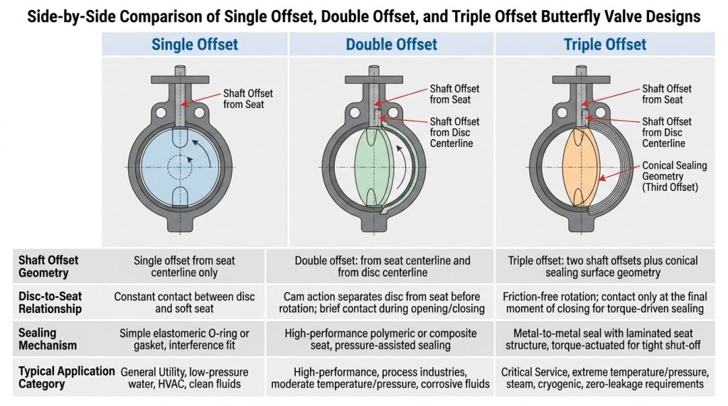 Side-by-side comparison of single offset, double offset, and triple offset butterfly valve designs, highlighting shaft offset geometry, sealing mechanism, and typical application categories.