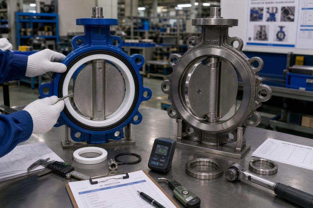 Soft-seated and metal-seated butterfly valve components compared on a manufacturing inspection table.