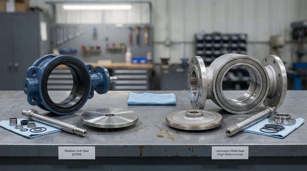 Soft-seated resilient butterfly valve and metal-seated high-performance butterfly valve shown side by side