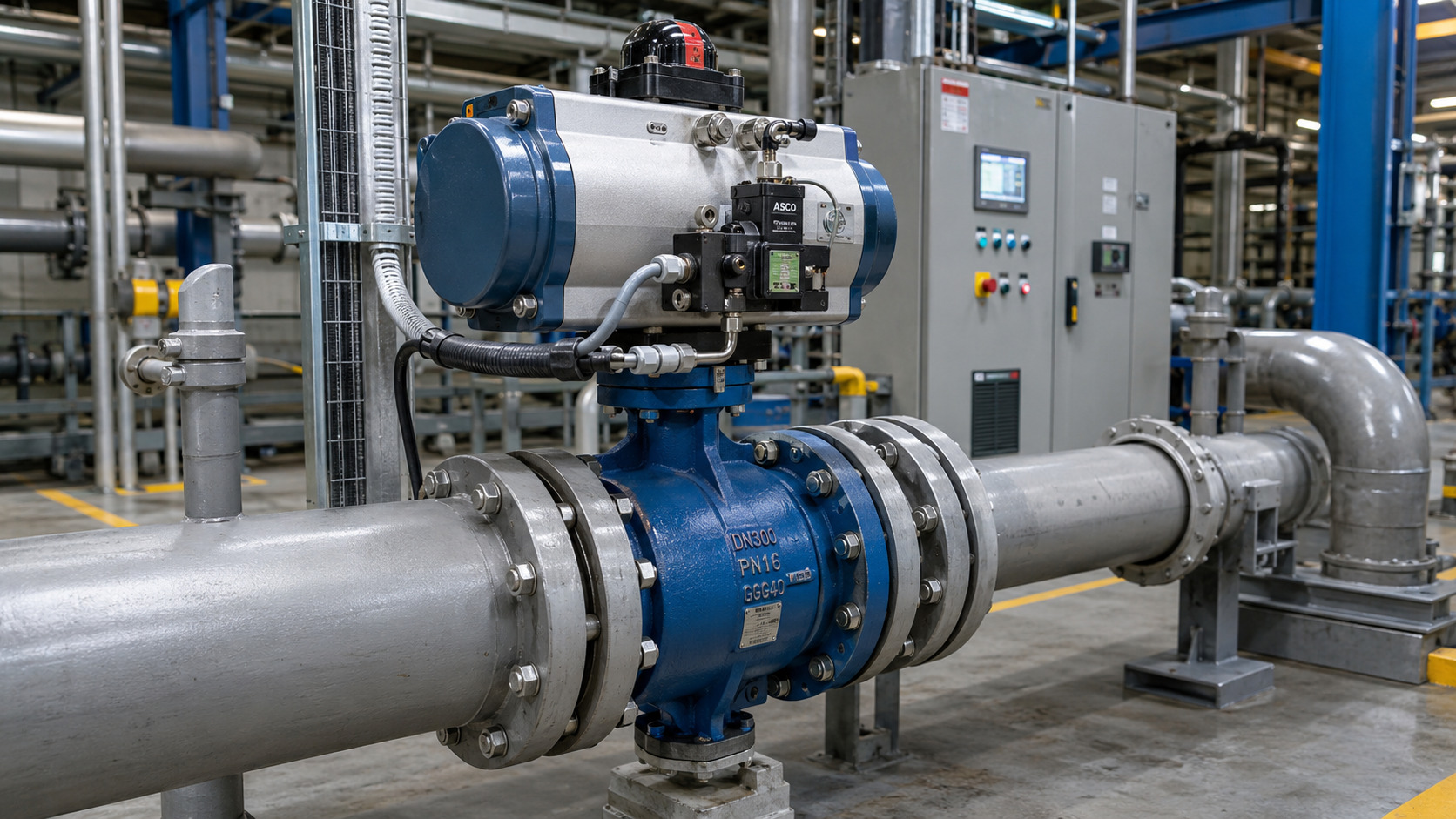Solenoid butterfly valve installed on an industrial pipeline system with pneumatic actuator and electrical control connection in a modern factory environment