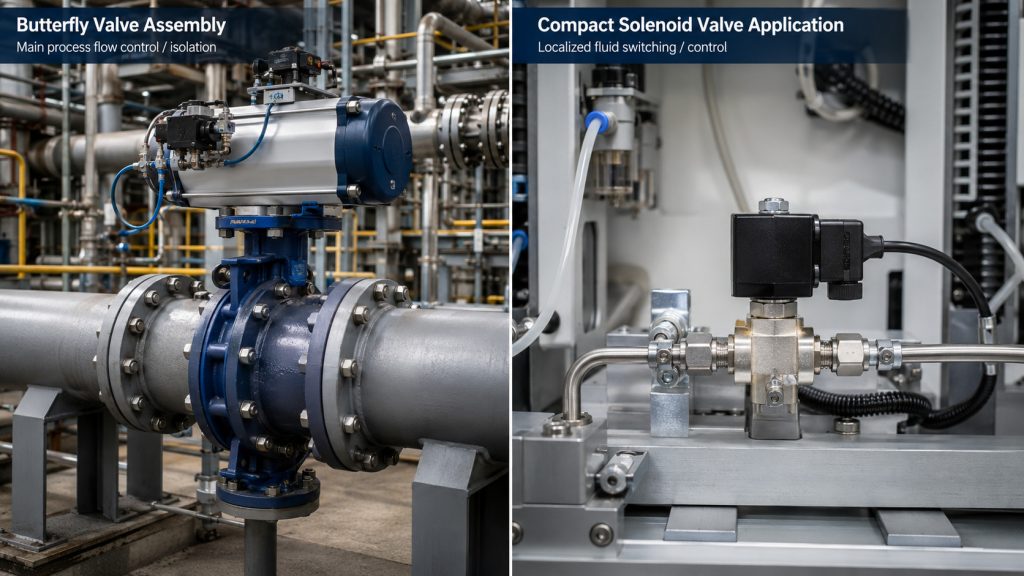 Industrial solenoid butterfly valve assembly compared with a compact solenoid valve application in different pipeline conditions