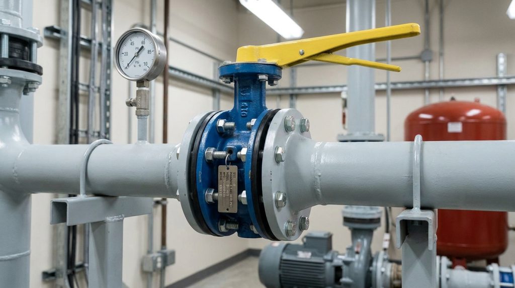 A standard resilient-seated butterfly valve used for clean water service on a low-pressure utility pipeline with visible flange bolts and a simple manual handle.